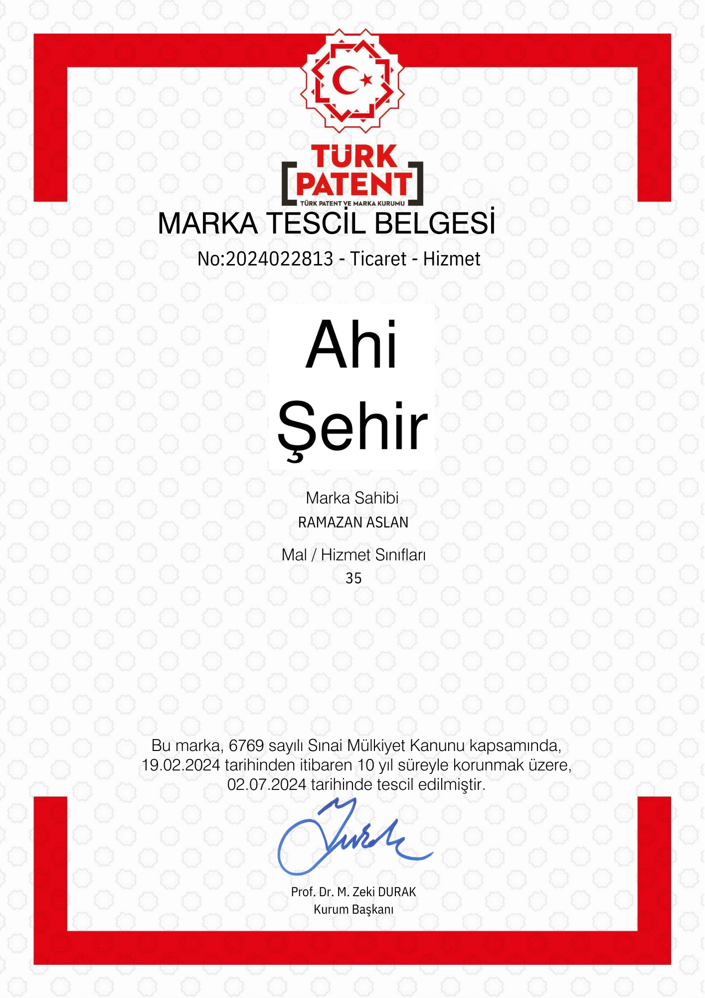 Ahi Şehir Marka Tescili